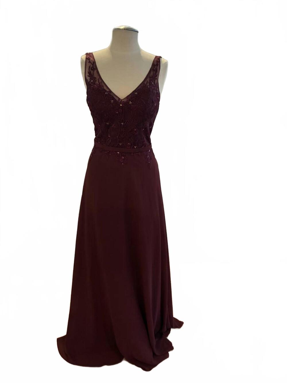 NEW MORILEE women's beaded lace evening gown in bordeaux